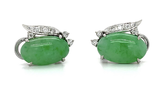 Jade & Diamond 14KY .36ct Diamond Vintage Earrings (c 1960s) 7.68g 9/16"