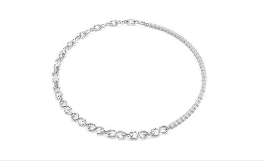 Matrix necklace S-shape, Round cut, White, Rhodium plated