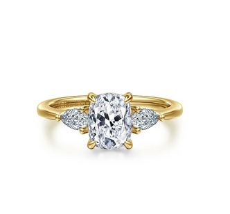 14K Yellow Gold Elongated Cushion Three Stone Diamond Engagement Ring