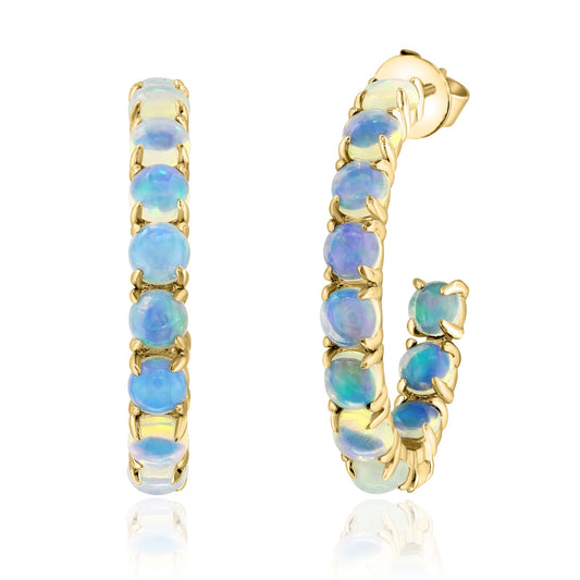 Lady's Yellow 14 Karat Medium Hoop Earrings With 24 4.46Tw Round Opals