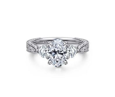 Alloy Vintage Inspired 14K White Gold Oval Three Stone Diamond Engagement Ring