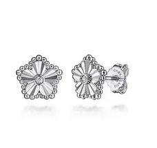 925 Sterling Silver Diamond Bujukan Frame Flower Diamond Cut Stud Earrings