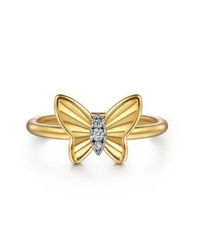 14K Yellow Gold Diamond Diamond Cut Butterfly Ring