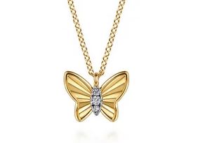 14k Yellow Gold Butterfly Necklace With Diamond Cut Finish And Graduating Diamonds