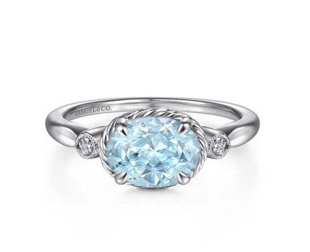 14K White Gold Oval Aquamarine and Diamond Three Stone Ring