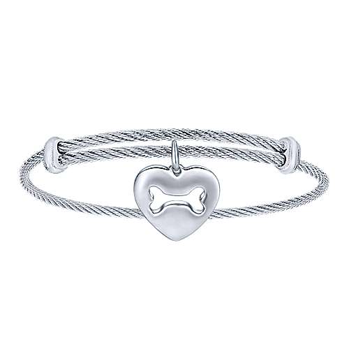 Adjustable Twisted Cable Stainless Steel Bangle With Sterling Silver Doggy Bone Charm