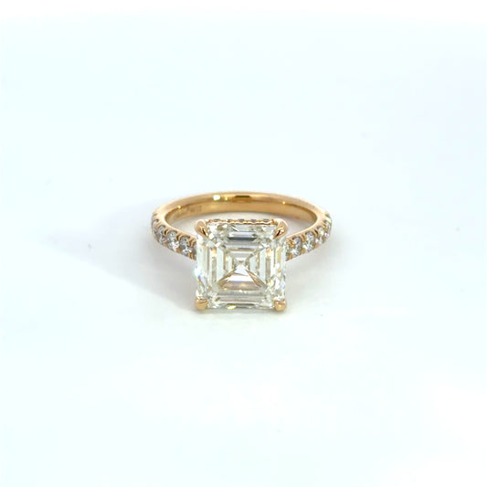 Lady's Yellow 14 Karat Classic / Prong / Pave Lab Grown Engagement Ring Size 6.5 Old Key Cj33206 With One = 5.06Ct Asscher Diamond And 32 = 0.69Twt Round G/H Si2 Diamonds