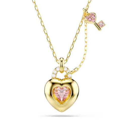 Idyllia pendant Mixed cuts, Heart, Key, Pink, 18K gold finish