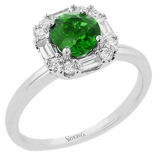 Lady's White 18 Karat Halo Fashion Ring Size 6.5 With One = 1.00Ct Round Emerald, 8 = 0.16Tw Round G Vs1 Diamonds And 0.24 Twt Other Stones
