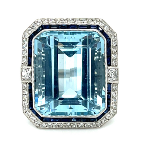 19.87ct Aquamarine & 0.60ctw Diamond 58 Stones PT 14.50gr Ring .21ct (two French Cut Dia) 1.11ct (sap) Size 7