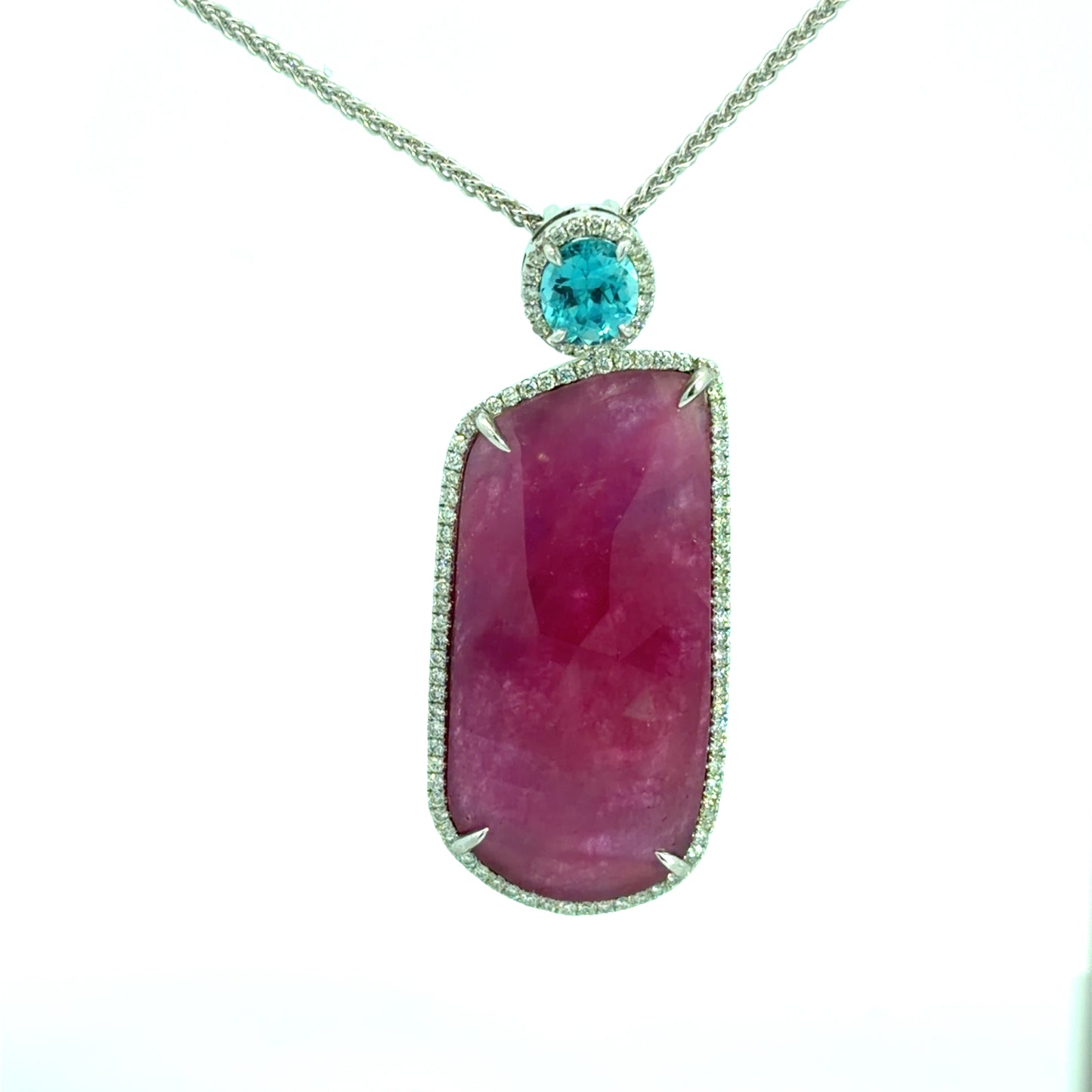 Lady's White 14 Karat Halo Necklace Length 18 With One = 25.52Ct Various Shapes Ruby, One = 0.59Ct Round Zircon And 0.59 Twt Other Stones