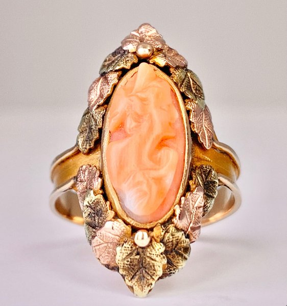 Arts & Crafts (Circa 1915) Antique Ring 14K Two Tone - Carved Woman in Coral Cameo