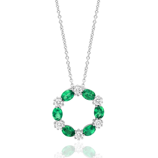 Lady's White 14 Karat Drop Pendants Length 18 With 6 0.83Tw Oval Emeralds And 6 0.30Tw Round G/H Si2 Diamonds