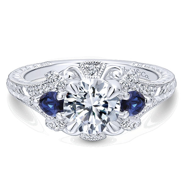 14K White Gold Round Sapphire and Diamond Engagement Ring