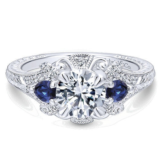 14K White Gold Round Sapphire and Diamond Engagement Ring