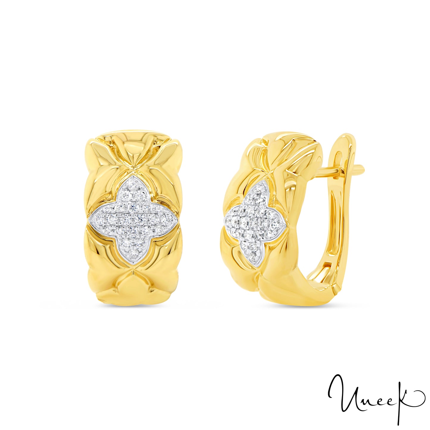 Lady's Yellow 18 Karat Small Hoop Earrings With 44 = 0.22Twt Round G/H Si2 Diamonds