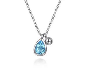 925 Sterling Silver Pear Blue Topaz Bujukan Pendant Necklace