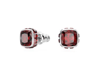 Birthstone stud earrings Square cut, January, Red, Rhodium plated
