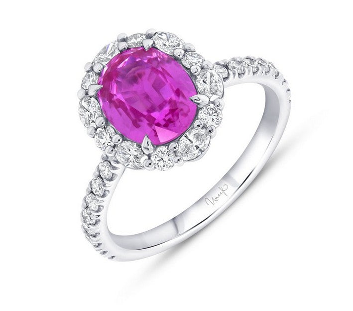 Lady's White Platinum Halo Fashion Ring Size 6.5 With One = 2.43Ct Oval Sapphire, 6 = 0.31Twt Oval G/H Si2 Diamonds And 0.44 Twt Other Stones