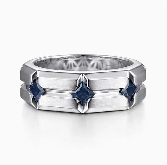 925 Sterling Silver Ring with Princess Cut Sapphire B quality Stations in Horizontal Brush Finish