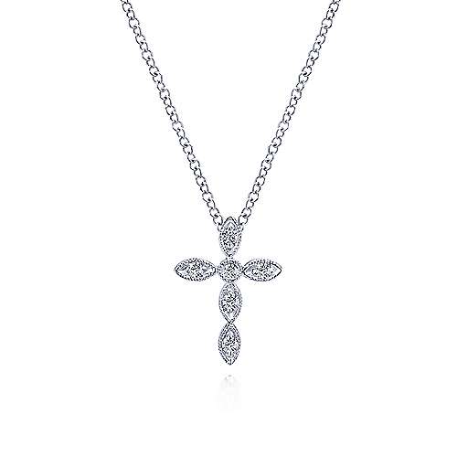 14K White Gold Marquise Shaped Diamond Cross Necklace
