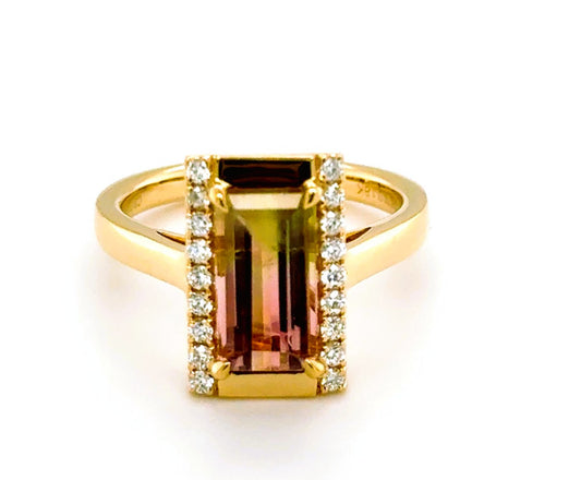 Ring, 18KY, Bi-Color Tourmaline, Emerald