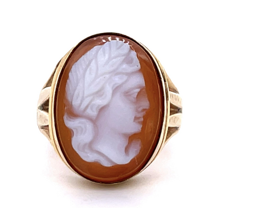 Victorian Carved Ancient Figure Agate 14KY Ring (Antique 1890s) 5.60g 6 Size