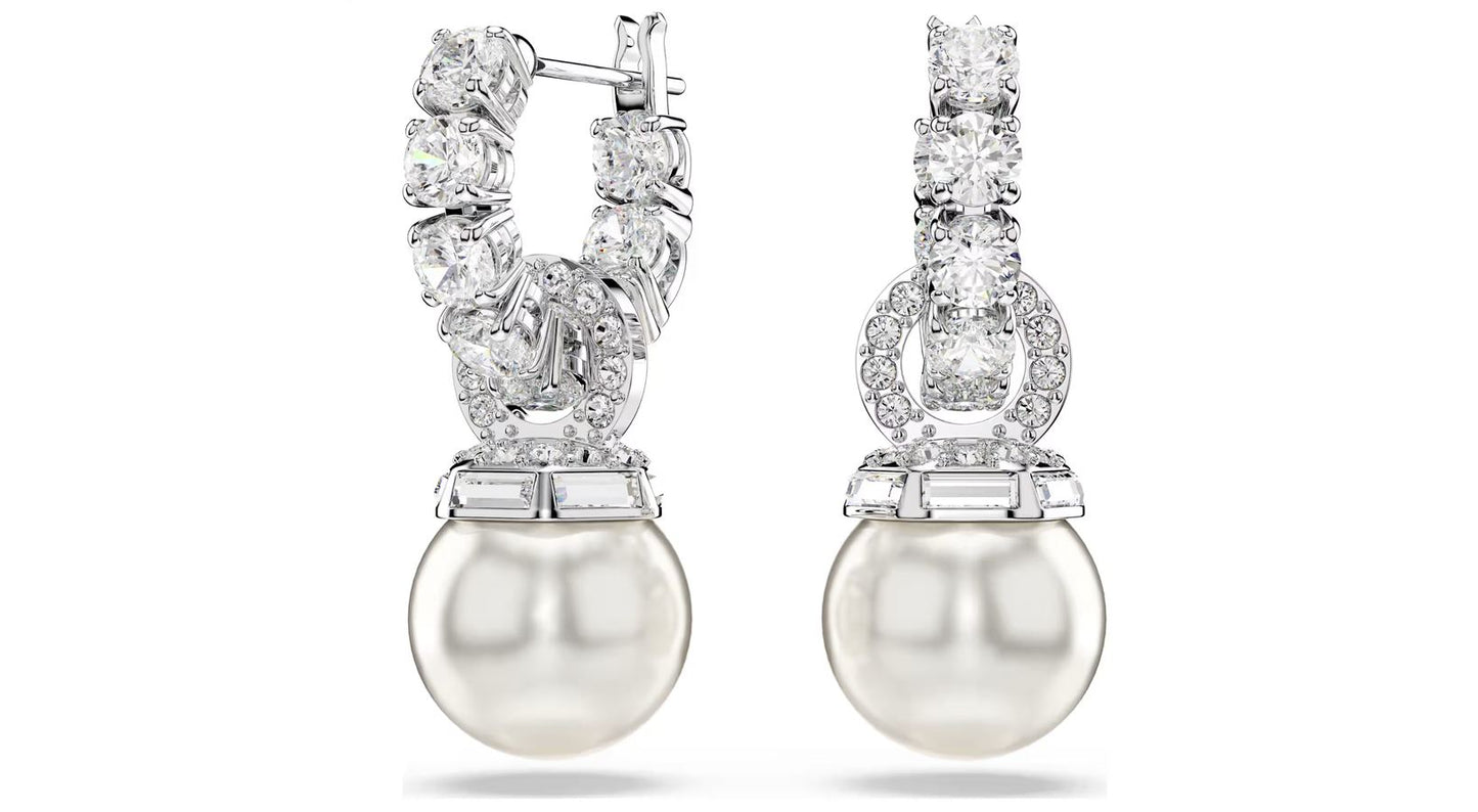 Matrix drop earrings Crystal pearl, Round cut, White, Rhodium plated