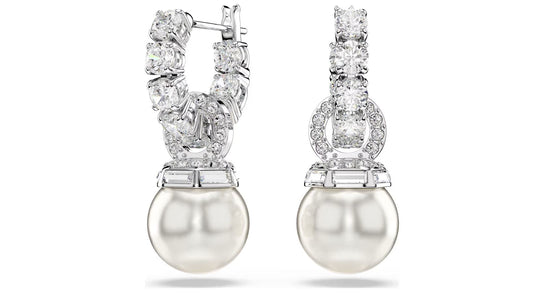 Matrix drop earrings Crystal pearl, Round cut, White, Rhodium plated