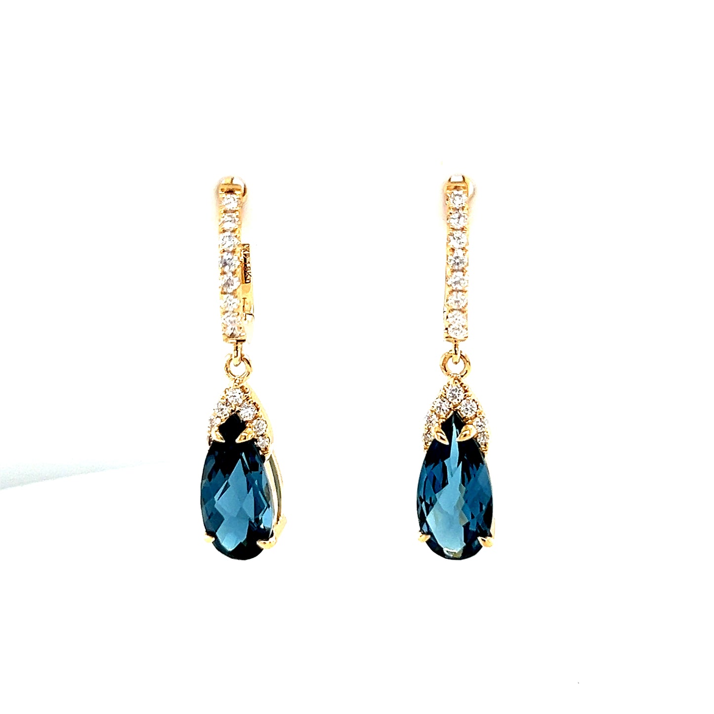 Lady's Yellow 14 Karat Drop Earrings With 2 = 4.47Tw Pear Blue Topazs And 30 = 0.32Tw Round H Si1 Diamonds