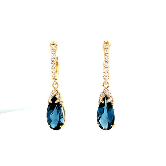 Lady's Yellow 14 Karat Drop Earrings With 2 = 4.47Tw Pear Blue Topazs And 30 = 0.32Tw Round H Si1 Diamonds