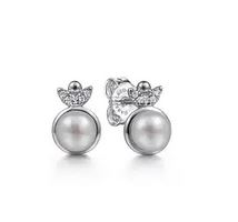 925 Sterling Silver Diamond Bujukan Pearl Stud Earrings