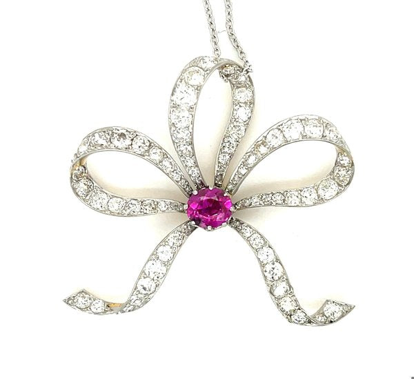 Edwardian 1.40ct Pink Sapphire 4ct (73 Diamonds) Platinum over 18KY Pendant (Antique 1900s)