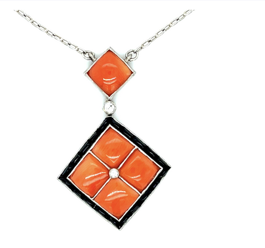 3.50ct Coral + Onyx + .04ct Diamond Platinum Pendant 17" MR #7820