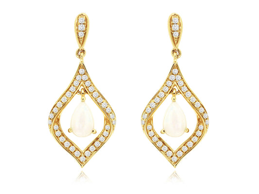 Lady's Yellow 14 Karat Drop Earrings With 2 0.50Tw Oval Opals And 0.29Tw Round I I1 Diamonds