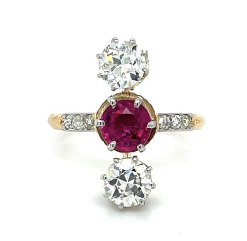 Edwardian 0.90ct Ruby 1.20ct Old European Diamond PT+18KY Ring (Antique 1910s)