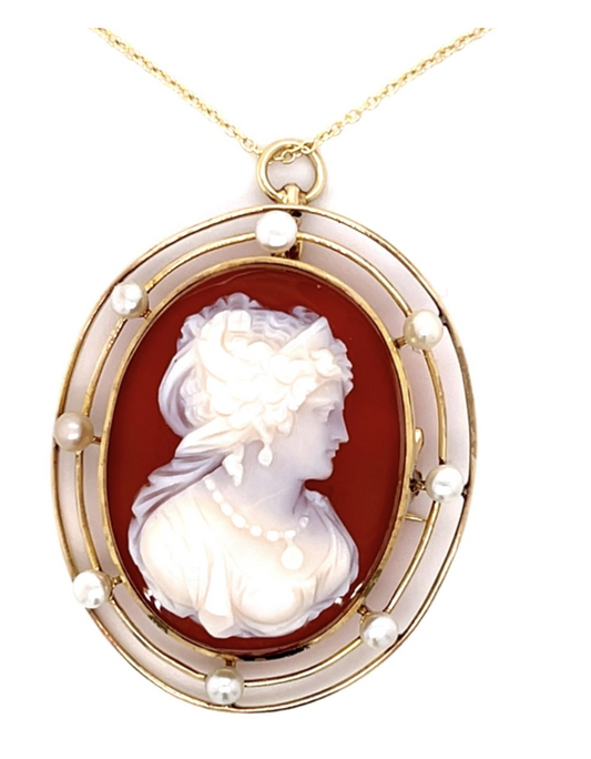 Victorian Agate Carving Natural Pearl 14KY Pendant Brooch (Antique 1870s) 10.43g 16"