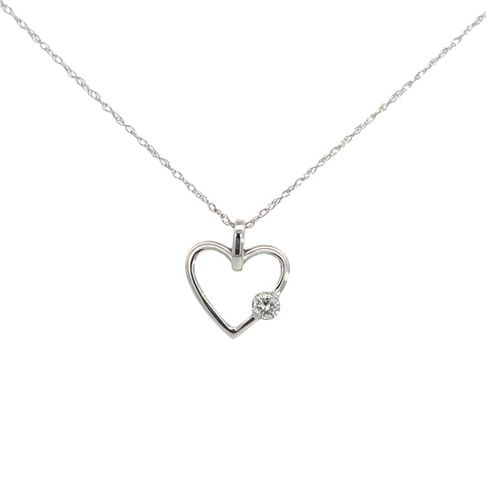 Lady's White 14 Karat Heart Pendant Length 18 With One = 0.10Ct Round I Si1 Diamond