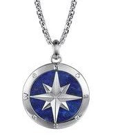 22 Inch 925 Sterling Silver Diamond and Lapis Compass Pendant Necklace