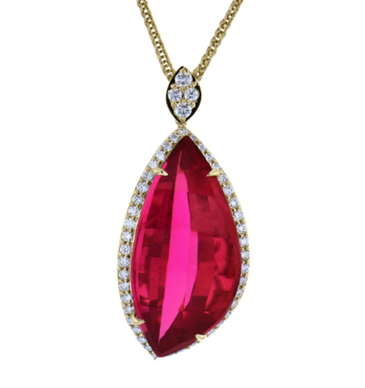 Lady's Yellow 18 Karat Free Form Pendants Length 18 With One = 14.11Ct Various Shapes Rubellite Tourmaline And = 0.56Twt Round G Vs1 Diamonds