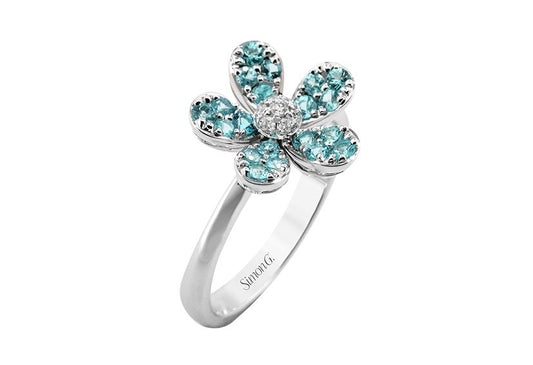 Lady's White 18 Karat Flower Fashion Ring Size 6.5 With = 0.42Tw Round Others And 7 = 0.06Tw Round G Vs1 Diamonds