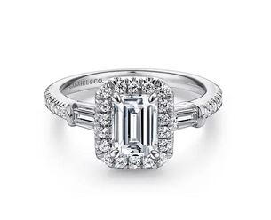 14K White Gold Three Stone Halo Emerald Cut Diamond Channel Set Engagement Ring