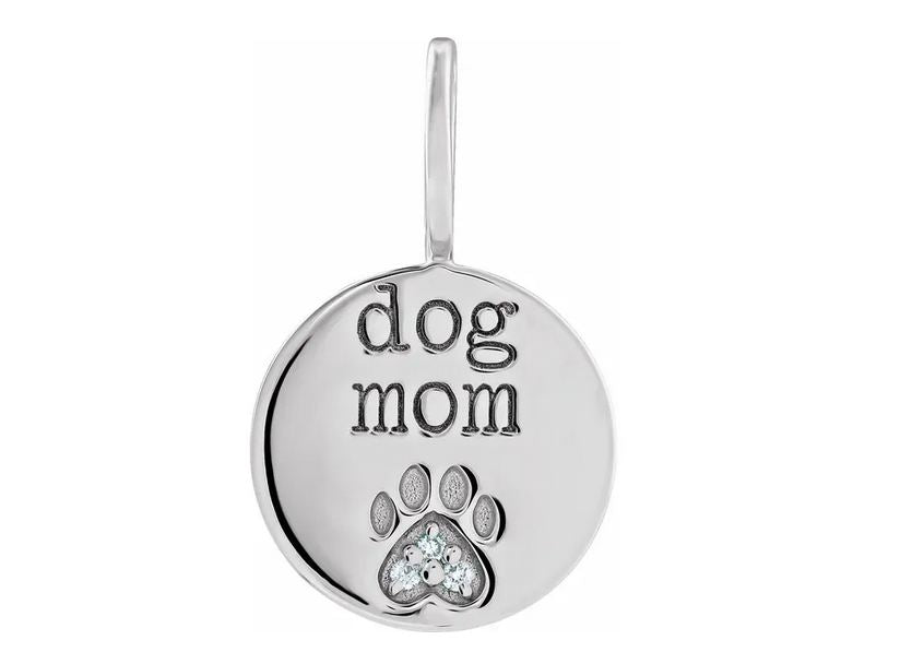 Sterling Silver .01 CTW Natural Diamond Engraved Dog Mom Paw Print Pendant with 18" Cable Chain