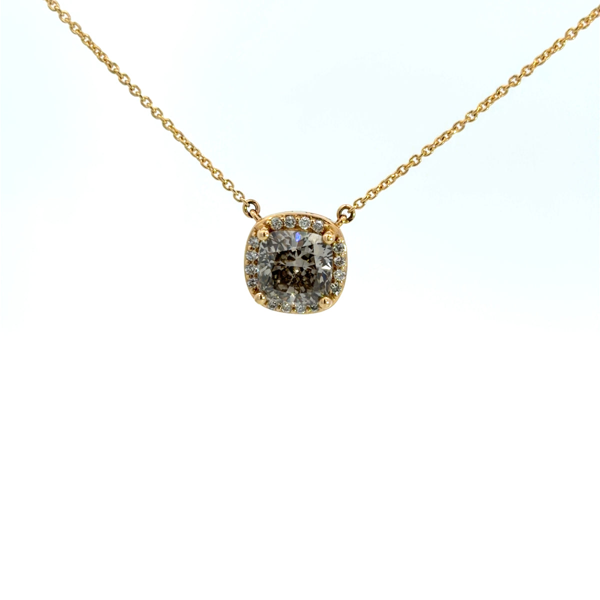 Lady's Yellow 14 Karat Halo Lab Grown Pendant Length 18 With One = 2.51Ct Cushion Diamond And 16 = 0.14Twt Round G/H Si2 Diamonds