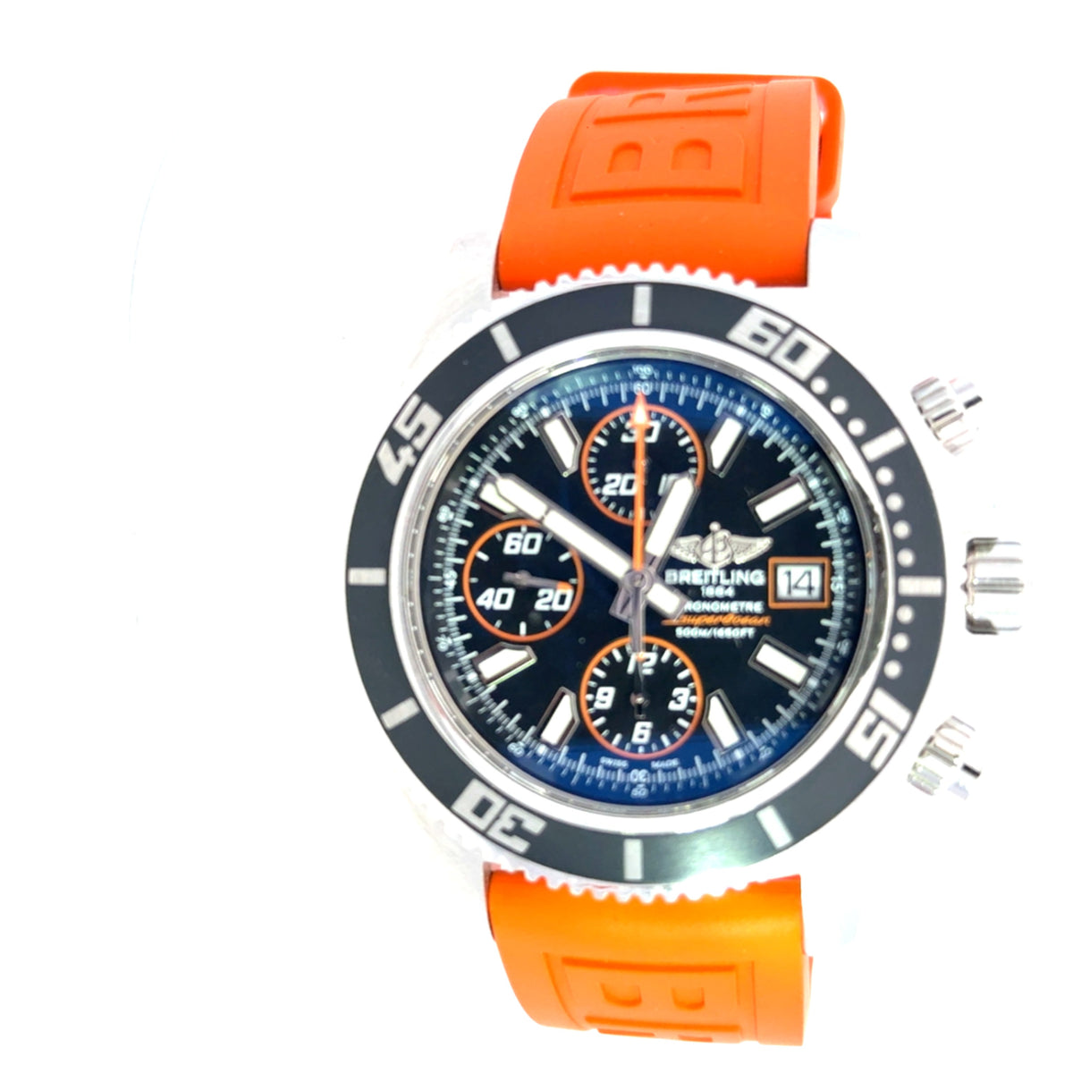 Preown 44Mm Breitling Superocean Chrono, Black Dial, Black Bezel, Orange Rubber Strap. Complete Set. Ref A13341, 2608459, Card 01.09.2017
