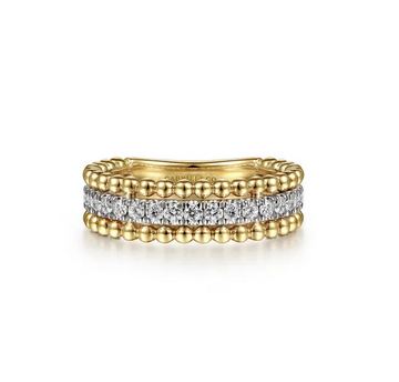 14K White-Yellow Gold Three Row Diamond and Bujukan Bead Ring
