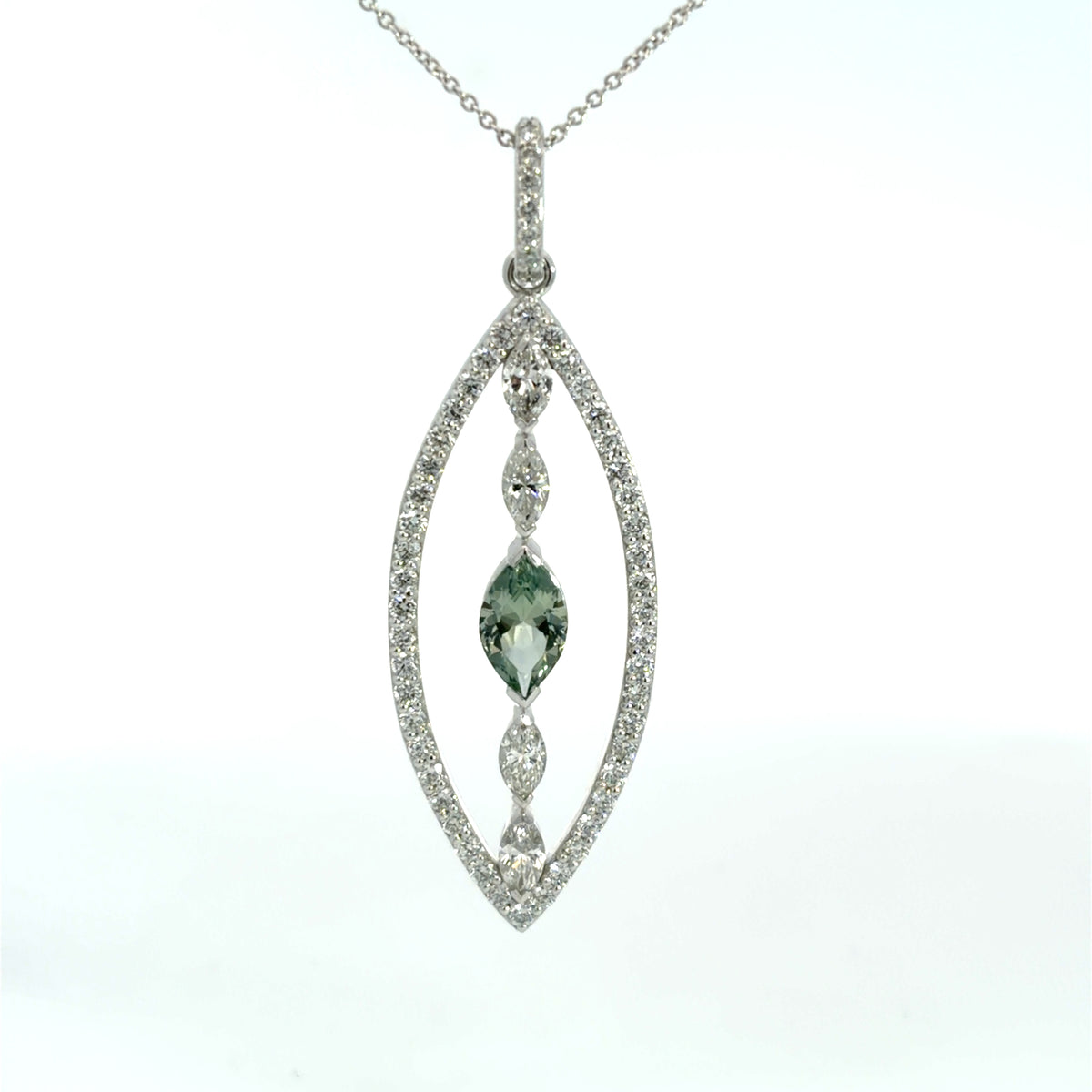 Lady's White 14 Karat Drop Pendants Length 18 With One = 1.08Ct Marquise Blue Sapphire, 4 = 0.71Twt Marquise G/H Si2 Diamonds And 0.92 Twt Other Stones