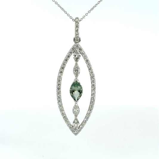 Lady's White 14 Karat Drop Pendants Length 18 With One = 1.08Ct Marquise Blue Sapphire, 4 = 0.71Twt Marquise G/H Si2 Diamonds And 0.92 Twt Other Stones
