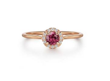 14k Rose Gold Round Cut Diamond Halo & Pink Tourmaline Promise Ring