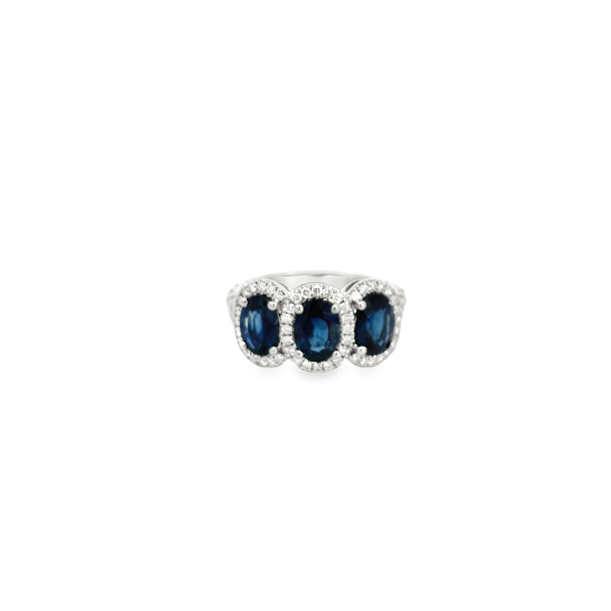 Lady's White 18 Karat 3 Stone Fashion Ring Size 6.5 With 3 = 2.78Twt Oval Sapphires And 60 = 0.93Twt Round G/H Si2 Diamonds